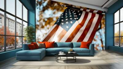 Flag of the united states shot from a low angle with a blurred background Wall mural