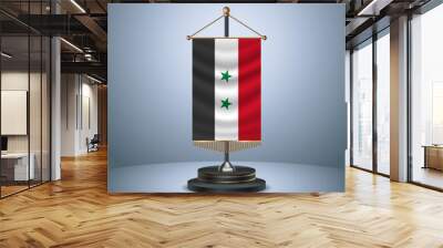 Syria Vertical table flag with golden pole on dark gradient background, Template banner vector Illustration Wall mural