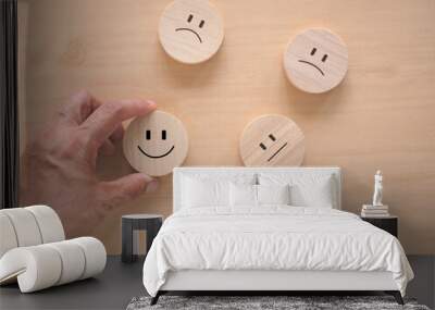 Customer choose wooden circle blocks with symbol smile face. Great serivce customer satisfaction survey. An excellent rating for the quality of a service or product. The best service. . Wall mural