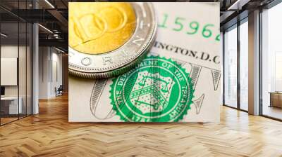 Hungarian forint US dollar exchange rate: Hungarian 100 forint coin placed on 1 dollar bill Wall mural