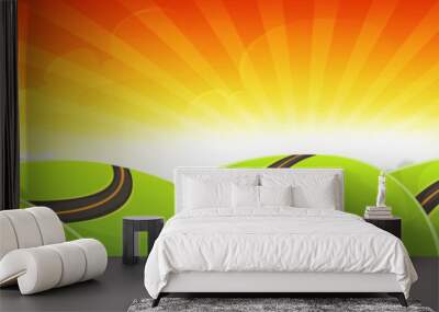 Wide Cartoon Travel Landscape With Road And Shining Sun Wall mural