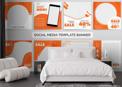 Set of Editable minimal square banner template. Orange and White background color with shape. Suitable for social media post and web ads. Modern promotion square banner. Eps 10 Wall mural