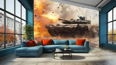 A Tank Firing Through a Dust Cloud and Flames Wall mural