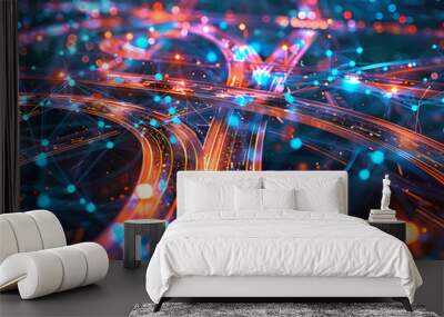 abstract highway network connecting urban roads - aerial view sunset landscape. Wall mural