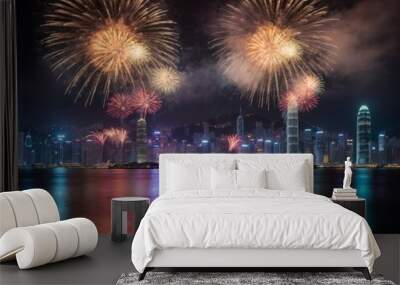 Fireworks Illuminating Victoria Harbor Skyline Night Hong Kong Spectacular Celebration Shot. Wall mural