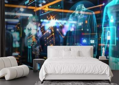 Futuristic Retail Store With Interactive Holographic Displays Featuring Clothing Items Wall mural