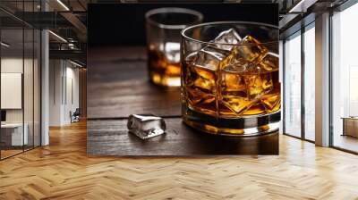 photorealistic image glass whiskey ice drink chilled beverage on the rocks splashing refreshing cocktail bar atmosphere concept. Wall mural