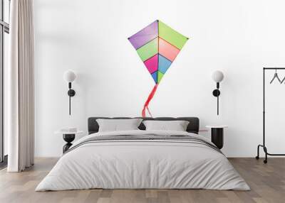 angle view of a colorful kite flying with waving red bow in a white background Wall mural