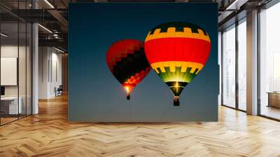 Glowing and blinking balloons flight with people high in sky in night. Freedom concept. Romantic recreation. Hot air balls competition. Autumn ballooning festival. Travel and tourism. Airship journey. Wall mural