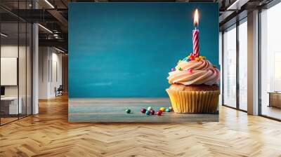 birthday cupcake with candle and sweet candy, Long Shot Wall mural