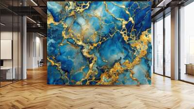 Gold marble painting abstract art with blue color, stylized and textured artistic paint decoration for canvas print or wallpaper Panoramic Wall mural