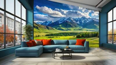 Mountain landscape with green grass and blue sky in Altai mountains Wall mural