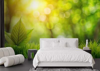 Nature background of leaf and grass with green trees Wall mural