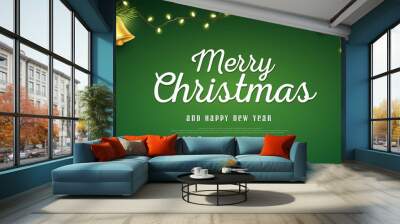 Realistic christmas and new year banner with branches on green background Wall mural