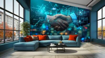 Global Business Alliance - Glowing Data Exchange Handshake Against a Blurred City Background at Night Wall mural