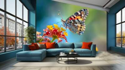 Close-up of a butterfly flying away from a flower Pollen on the butterfly's wings Wall mural