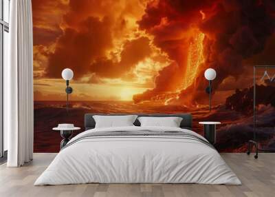 Lava Flow into the Ocean at Sunset. Wall mural