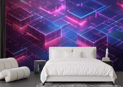 Neon Cubes Abstract. Wall mural