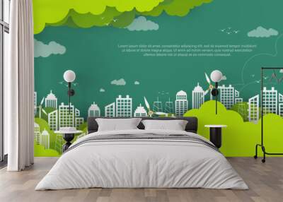 Sustainability. Concept green energy, Green building ecology friendly building, sustainable industry,  windmills energy. vector illustration green background. Wall mural