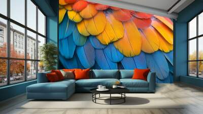 Vibrant Blue  Yellow  and Red Parrot Feathers Close Up Wall mural