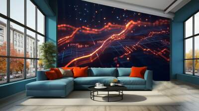 A futuristic line graph in a dark space, with neon lights and pulsing nodes representing data points Wall mural