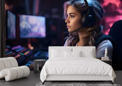 Captivating Gamer Girl Immersed in Gameplay: PC Console, Multi-Monitor Setup, Keyboard, Mouse, and Headphones, Illuminated by RGB LED Lights in a Stylish Gaming Room Wall mural