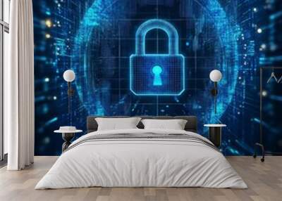 Digital padlock protecting data stream inside a server room Wall mural