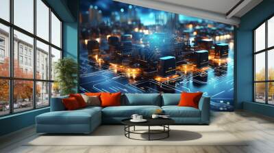 Digital technology backdrop: Cloud computing, Business Intelligence, global network, data analysis, computer programming, software development, and internet technology  Wall mural