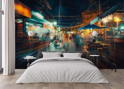 People walking on busy street at night long exposure Wall mural