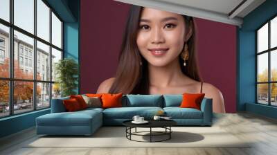 Pretty Asian beauty woman long hair with japanese makeup glowing face and healthy facial skin portrait smile on isolated wine red background Wall mural