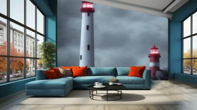 two red and white lighthouse on separate islands in the middle of the sea Wall mural