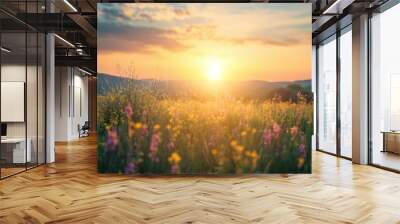 Vibrant Sunset Over a Wildflower Field Wall mural