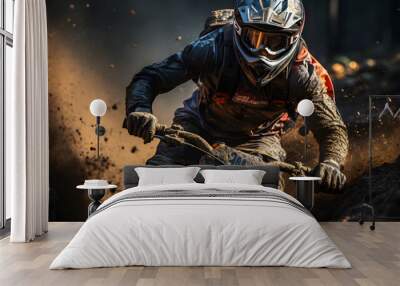 Young athlete races downhill on a mountain bike, muddy tire kicks up against the sun Wall mural