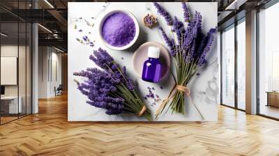 Minimalist flat lay of lavender essential oil fresh lavender sprigs and bath salts on white marble background
 Wall mural