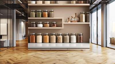 Realistic photo of spice jars on a kitchen shelf in a modern beige interior
 Wall mural