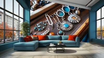 A collection of stunning vintage jewelry displayed beautifully, showcasing unique designs and vibrant gemstones. Wall mural