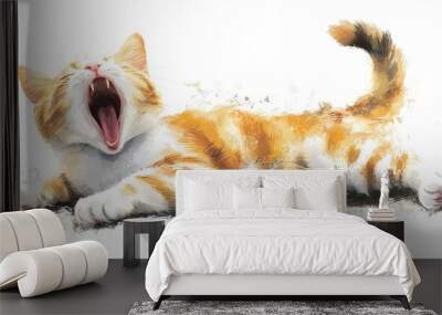 A playful orange cat yawning, capturing a moment of relaxation and joy in a bright and cheerful setting. Wall mural