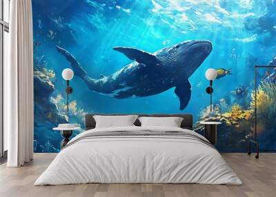 A serene underwater scene featuring a majestic whale swimming gracefully through vibrant coral reefs and clear blue water. Wall mural