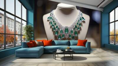 A stunning emerald necklace displayed on a mannequin, showcasing intricate design and luxurious craftsmanship. Wall mural