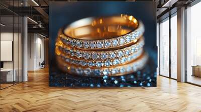 Elegant golden rings adorned with sparkling diamonds, perfect for capturing luxury and romance in photography. Wall mural