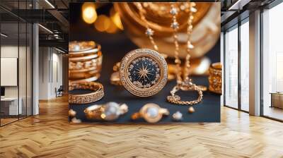 Exquisite collection of golden jewelry, featuring rings, necklaces, and a compass, illuminated by soft bokeh lights. Wall mural