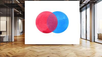 2 primary colors, blue red watercolor painting circle round on white paper texture background Wall mural