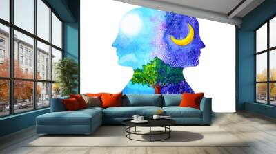 human head chakra powerful inspiration day and night tree abstract thinking watercolor painting illustration hand drawn Wall mural