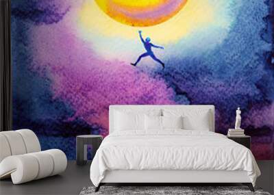 human jump high up to catch bright yellow ful moon in dark sky night, dream illustration watercolor painting design Wall mural