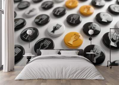 A collection of buttons with icons depicting various hand gestures stands out with one in bright yellow among monochrome ones. Wall mural