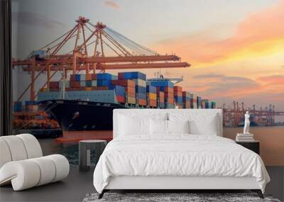 A large cargo ship docked at a port, surrounded by colorful containers and cranes, illuminated by a beautiful sunset, Transport and logistic concept. Wall mural