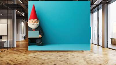 Business concept in minimal of Gnome in business suit, typing on miniature laptop, enchanted office environment, Copy space for stock photo, no text, no logo, flat design illustration Wall mural