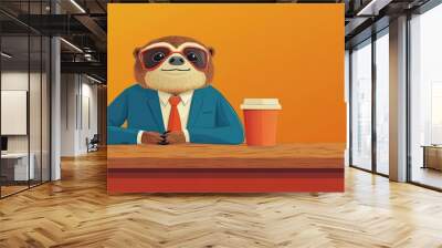 Business concept in minimal of Sloth in business suit, sipping coffee during meeting, laid-back work ethic, Copy space for stock photo, no text, no logo, flat design illustration Wall mural