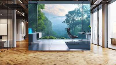 Cutting-edge home office with voice-activated smart devices, holographic projectors, floating chairs, and a serene outdoor view, No logo, No Trademark, No text, minimal concept with copy space for Wall mural