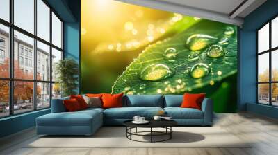 Green leaf with water drop CO2. Wall mural